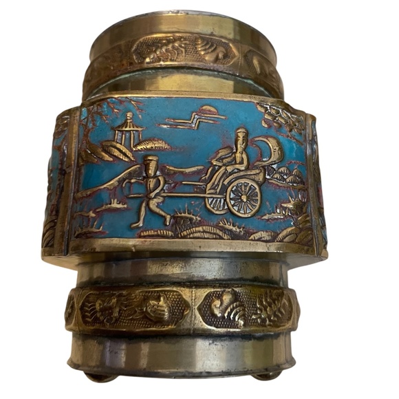 Pair of Vintage Brass Chinese Urn Snuff Brass & Enamel Lidded Trinket Tea Jar - Picture 7 of 11